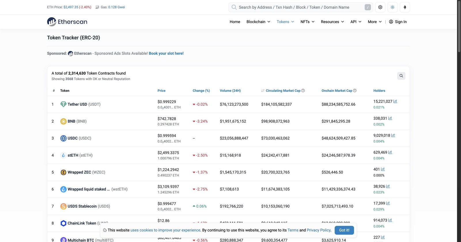 Список токенов в Etherscan